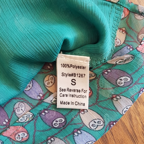 Blue Bird Sheer Green Owl Print Sheer Tank Pocket - Picture 9 of 10